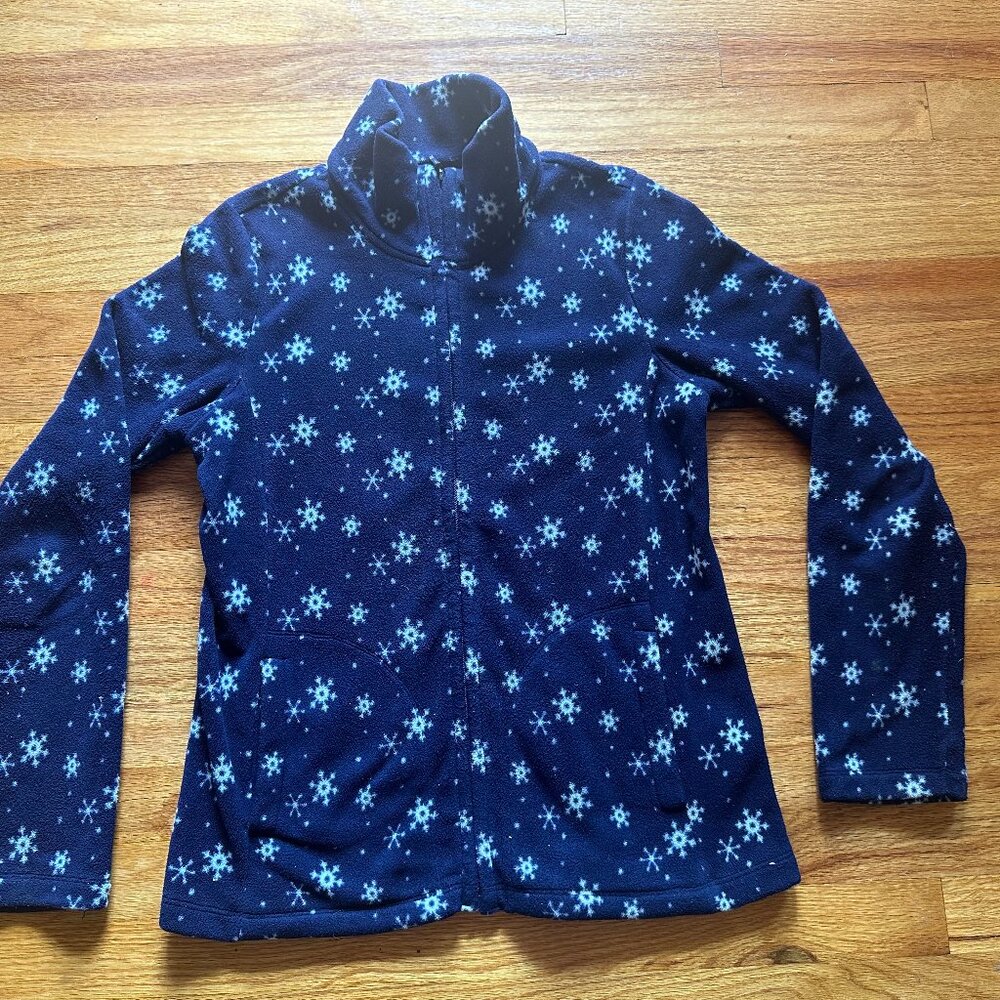 UNIQLO Blue w White Snowflakes Fleece Zip Front Jacket - Medium